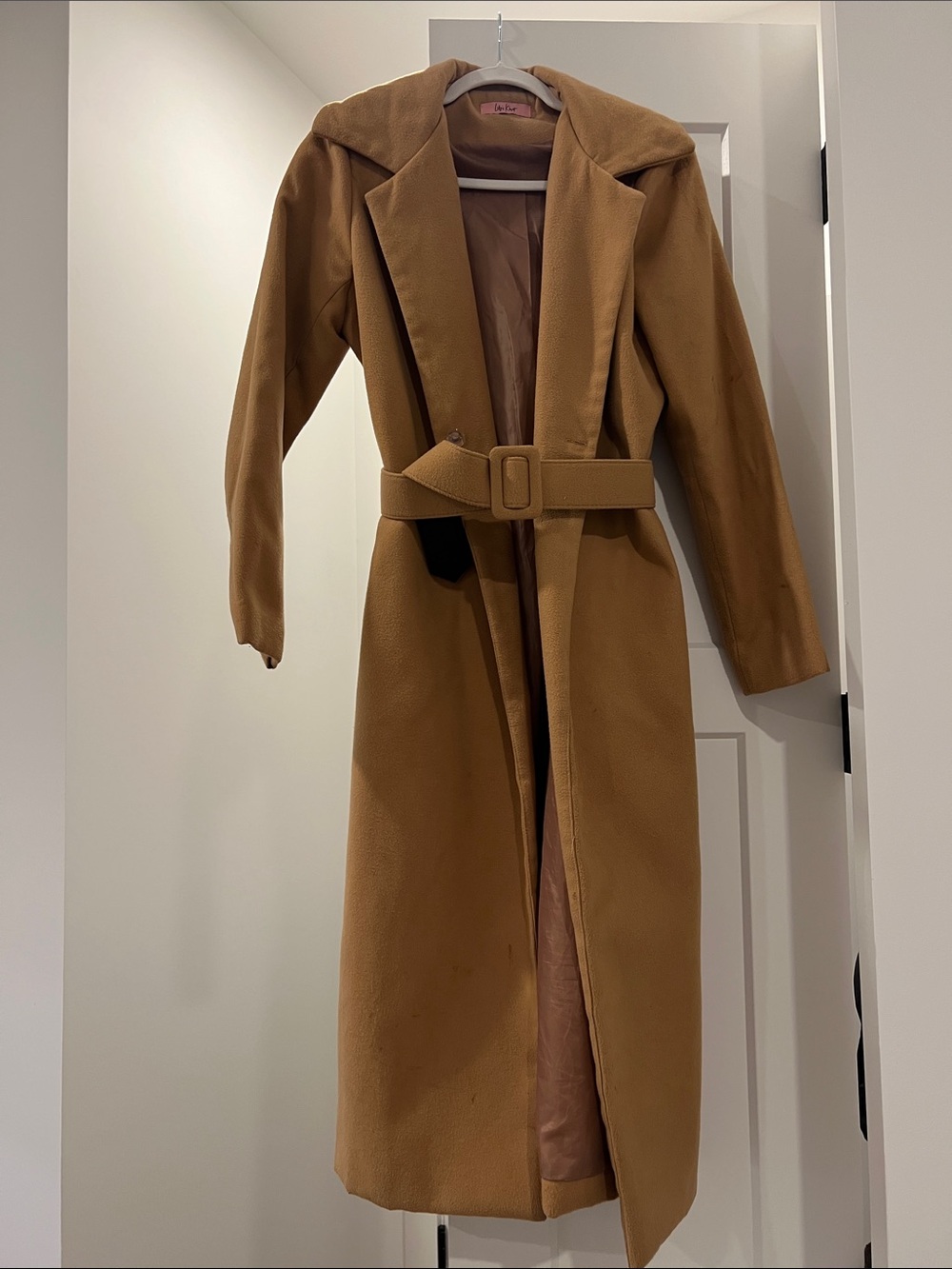 Womens Camel Belted Trench Coat with Wide Lapel